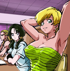 1boy 2girls absurdres armpits arms_behind_head bare_shoulders black_eyes black_hair blonde_hair breasts classroom commentary_request covered_erect_nipples dragon_ball dragonball_z erasa_(dragon_ball) gloves highres indoors large_breasts long_hair looking_at_viewer low_twintails mamesi_(suhk8583) medium_breasts multiple_girls profile sharpner shirt short_hair sitting strapless tank_top tube_top twintails videl white_shirt