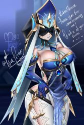 Rule 34 | 1girl, absurdres, artist name, blue dress, blurry, blurry background, breasts, cleavage, covered eyes, detached sleeves, dress, elbow gloves, fatui, gem, genshin impact, gloves, highres, hood, large breasts, lipstick, makeup, mask, mirror maiden (genshin impact), mya terak, o-ring, pelvic curtain, sideboob, smile, solo, thick thighs, thighs, veil, white legwear