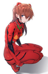 Rule 34 | 1girl, absurdres, artist request, blue eyes, blush, bodysuit, breasts, brown hair, cowboy shot, curvy, full body, hair ornament, highres, interface headset, lips, long hair, looking at viewer, medium breasts, neon genesis evangelion, pilot suit, plugsuit, red bodysuit, simple background, solo, souryuu asuka langley, squatting, two side up, wide hips