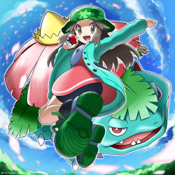 Rule 34 | 1girl, :d, arms up, ass, bike shorts, black footwear, blue sky, blush, brown eyes, brown hair, cloud, commentary request, creatures (company), dress, fanny pack, full body, game freak, gen 1 pokemon, glint, green headwear, green jacket, hat, highres, holding, holding poke ball, jacket, jumping, leaf (pokemon), leaf (sygna suit) (pokemon), long hair, long sleeves, looking at viewer, nintendo, official alternate costume, open clothes, open jacket, open mouth, parted bangs, petals, pink dress, poke ball, poke ball (basic), pokemon, pokemon (creature), pokemon masters ex, porkpie hat, shoes, shorts under dress, sidelocks, sky, smile, sneakers, solo focus, twisted torso, twitter username, venusaur, yamane (viq4201)