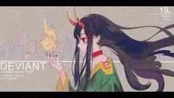 Rule 34 | 1girl, black hair, choker, closed mouth, commentary request, echu 8742, fingernails, from side, green shirt, highres, horns, long fingernails, long hair, long sleeves, nail polish, nippaku zanmu, oni horns, profile, red choker, red eyes, red nails, sharp fingernails, shirt, smile, solo, touhou, unfinished dream of all living ghost, upper body, wide sleeves
