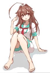 Rule 34 | 1girl, ahoge, breasts, brown eyes, brown hair, full body, green sailor collar, highres, huge ahoge, kantai collection, kuma (kancolle), long hair, looking at viewer, neckerchief, neve (morris-minicooper), open mouth, pointing, pointing at self, red neckerchief, sailor collar, school uniform, serafuku, shadow, short sleeves, shorts, simple background, sitting, small breasts, solo, white background, white shorts