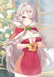Rule 34 | 1girl, blush, breasts, capelet, christmas, christmas tree, cleavage, commentary request, dress, eyes visible through hair, hair over one eye, highres, indoors, large breasts, long hair, looking at viewer, original, red capelet, red dress, red eyes, restrained, ringozaka mariko, solo, white hair, window
