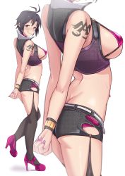 Rule 34 | 1girl, :q, ahoge, antenna hair, arm tattoo, ass, bikini top, black hair, blush, bra, bracelet, breasts, brown eyes, butt crack, choker, commentary, commentary request, corruption, ear piercing, earrings, fingernails, garter straps, gluteal fold, grey eyes, high heels, highres, hip vent, idolmaster, idolmaster (classic), jewelry, kikuchi makoto, large breasts, lipstick, makeup, nail polish, naughty face, o-ring, open clothes, panties, panty peek, piercing, pink panties, sequins, short shorts, shorts, sideboob, solo, sweat, tattoo, thighhighs, tongue, tongue out, twogie, underboob, underbutt, underwear