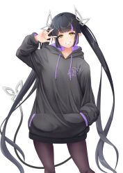 Rule 34 | 1girl, nanashi inc., absurdres, alternate costume, black hair, black hoodie, blunt bangs, blush, brown pantyhose, commentary request, demon girl, demon horns, demon tail, feet out of frame, grin, hand in pocket, highres, hood, hood down, hoodie, horns, kojo anna, long hair, looking at viewer, multicolored hair, pantyhose, pointy ears, purple hair, robou no stone, simple background, smile, solo, streaked hair, tail, transparent background, twintails, very long hair, virtual youtuber, w, yellow eyes