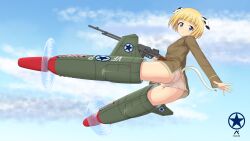 Rule 34 | 1girl, absurdres, acrux, animal ears, artist logo, ass, blonde hair, blue sky, bob cut, brown jacket, brown shirt, browning m1919, commentary, crotch seam, dated, day, dog ears, dog tail, english commentary, flying, grey panties, gun, highres, holding, holding gun, holding weapon, jacket, jane t. godfrey, long sleeves, looking at viewer, looking back, military, military uniform, no pants, outdoors, panties, parted lips, roundel, shirt, short hair, sky, solo, star (symbol), strike witches: kurenai no majo-tachi, striker unit, tail, underwear, uniform, weapon, world witches series