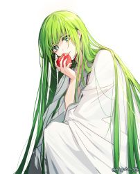 Rule 34 | 1other, apple, arm up, artist name, ede, enkidu (fate), fate/grand order, fate (series), food, fruit, green eyes, green hair, hair between eyes, hair over shoulder, highres, holding, holding food, holding fruit, long hair, long sleeves, looking at viewer, other focus, parted lips, robe, simple background, smile, trap, twitter username, upper body, very long hair, white background