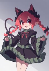 Rule 34 | 1girl, :d, absurdres, animal ears, black dress, blush stickers, braid, breasts, bright pupils, cat ears, cat tail, dress, fangs, frills, grey background, highres, kaenbyou rin, mr.turtle head, multiple tails, nekomata, open mouth, petite, pointy ears, red eyes, red hair, sidelighting, simple background, small breasts, smile, solo, tail, touhou, twin braids, two tails, wall, white pupils