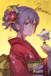 Rule 34 | 1girl, 2017, aka tonbo (lovetow), aqua eyes, artist name, asymmetrical hair, bird, camellia, chicken, chinese zodiac, closed mouth, earrings, floral print, flower, from side, grey hair, hair between eyes, hair ornament, highres, japanese clothes, jewelry, kanzashi, kimono, nengajou, new year, obi, original, red flower, red kimono, sash, sidelocks, signature, smile, solo, tonbokko (tonbo), upper body, year of the rooster, yellow background