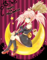 Rule 34 | 00s, 1girl, akamomo, artist name, bad id, bad pixiv id, blue eyes, broom, cat, crescent, dated, elbow gloves, gloves, happy halloween, holding, on crescent, pink hair, presea combatir, sitting, solo, star (symbol), striped, striped background, tales of (series), tales of symphonia, twintails, vertical stripes, witch
