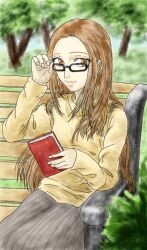 Rule 34 | 1girl, bench, book, fushimi chihiro, glasses, holding, holding book, kane (persona), looking to the side, painting (medium), park bench, persona, persona 3, traditional media, watercolor (medium), watercolor pencil (medium)