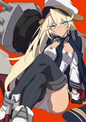 Rule 34 | 1girl, absurdres, ankle boots, azur lane, black gloves, black thighhighs, blonde hair, blue eyes, blue jacket, blue necktie, blush, boots, cannon, closed mouth, crossed legs, fingerless gloves, gloves, hair between eyes, hat, headgear, highres, invisible chair, jacket, jacket on shoulders, long hair, long sleeves, looking at viewer, machinery, military, military hat, military uniform, naval uniform, necktie, panties, peaked cap, red background, samei ikusa, simple background, sitting, solo, sweatdrop, tennessee (azur lane), thighhighs, underwear, uniform, v-shaped eyebrows, very long hair, white hat, white panties
