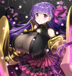 Rule 34 | 10s, 1girl, :o, bare shoulders, black pantyhose, blush, breasts, buckle, claws, collar, corset, cowboy shot, eyelashes, fate/extra, fate/extra ccc, fate/grand order, fate (series), glowing, hair ribbon, hayama eishi, huge breasts, layered skirt, long hair, looking at viewer, o-ring, o-ring top, open mouth, pantyhose, passionlip (fate), pink ribbon, purple eyes, purple hair, purple skirt, ribbon, see-through, skirt, solo, standing, straight hair, striped clothes, striped skirt, tareme, vertical-striped clothes, vertical-striped skirt, very long hair