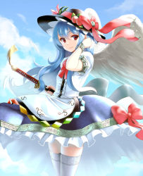 Rule 34 | 1girl, angel wings, bad id, bad pixiv id, blue hair, bracelet, food, fruit, hat, hinanawi tenshi, jewelry, lace, lace-trimmed legwear, lace trim, long hair, looking at viewer, peach, red eyes, smile, solo, sword, sword of hisou, takemori shintarou, thighhighs, touhou, weapon, white thighhighs, white wings, wings