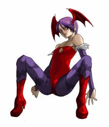 Rule 34 | 1girl, bare shoulders, capcom, demon girl, flat chest, head wings, lilith aensland, pantyhose, purple hair, short hair, simple background, sitting, solo, vampire (game), wings