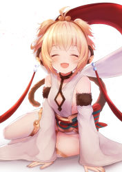 Rule 34 | 1girl, :d, ^ ^, andira (granblue fantasy), animal ears, blonde hair, cleavage cutout, closed eyes, clothing cutout, detached sleeves, erune, closed eyes, fang, granblue fantasy, highres, kimblee, monkey ears, monkey girl, monkey tail, open mouth, shawl, short hair, simple background, sitting, smile, solo, tail, thighhighs, white background, white thighhighs, wide sleeves