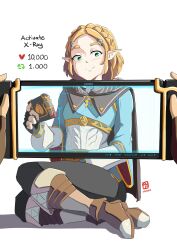 Rule 34 | 1boy, 1girl, automatic giraffe, blonde hair, blush, boots, braid, cape, commentary, english commentary, fingerless gloves, gloves, green eyes, handheld game console, highres, holding, holding handheld game console, like and retweet, link, long sleeves, looking at viewer, medium hair, nintendo, nintendo switch, pointy ears, pov, princess zelda, sheikah slate, simple background, smile, the legend of zelda, the legend of zelda: breath of the wild, the legend of zelda: tears of the kingdom, white background