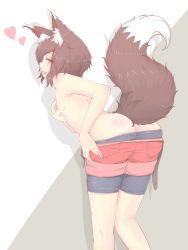Rule 34 | 1girl, animal ears, ass, bike shorts, bike shorts under shorts, breasts, brown hair, butt crack, clothes pull, cube85, flat chest, heart, highres, imaizumi kagerou, nipples, short hair, shorts, shorts pull, small breasts, solo, tail, tongue, tongue out, touhou, wolf ears, wolf tail