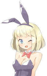 Rule 34 | 1girl, ;d, alice margatroid, alternate costume, alternate hair ornament, animal ears, armpit crease, arnest, bare shoulders, black hairband, black leotard, blonde hair, blue eyes, blush, bob cut, bow, bowtie, breasts, bright pupils, cleavage, collarbone, detached collar, eyes visible through hair, fake animal ears, hairband, highres, large breasts, leotard, looking at viewer, one eye closed, open mouth, playboy bunny, rabbit ears, red bow, red bowtie, shiny skin, short hair, simple background, sleeveless, smile, solo, strapless, strapless leotard, touhou, upper body, white background, white pupils, wing collar