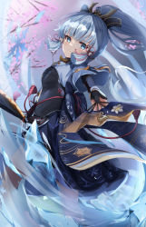 Rule 34 | 1girl, armor, armored dress, ayaka (genshin impact), black gloves, blue eyes, blue hair, blunt bangs, blurry, blurry background, cherry blossoms, commentary request, cowboy shot, depth of field, dou, floral print, folding fan, from side, genshin impact, gloves, hair ornament, hair ribbon, hand fan, highres, holding, ice, japanese armor, japanese clothes, kote, kusazuri, long hair, looking at viewer, mole, mole under eye, nagominagon, outdoors, parted lips, partially fingerless gloves, ponytail, ribbon, sidelocks, solo, standing, tree