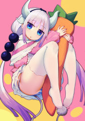 Rule 34 | 1girl, :o, absurdres, ass, beads, blue eyes, blunt bangs, blush, capelet, commentary request, dragon girl, dragon horns, dragon tail, full body, gradient hair, hair beads, hair ornament, hairband, highres, horns, huge filesize, hugging object, jitome, kanna kamui, kobayashi-san chi no maidragon, light purple hair, long hair, long sleeves, looking at viewer, low twintails, multicolored hair, no shoes, open mouth, panties, pantyshot, solo, striped clothes, striped panties, stuffed carrot, tail, thighhighs, thighs, twintails, underwear, white panties, white thighhighs, xingchee