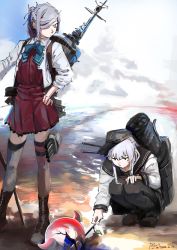 Rule 34 | 2girls, abyssal ship, anchor symbol, asashimo (kancolle), black legwear, boots, cross-laced footwear, dated, enemy aircraft (kancolle), flat cap, grey legwear, hair between eyes, hair over one eye, hand on own hip, hat, hibiki (kancolle), highres, holding, holding stick, jacket, kantai collection, lace-up boots, long hair, multiple girls, open clothes, open jacket, outdoors, pantyhose, pazuu, ponytail, sailor collar, school uniform, serafuku, signature, silver hair, squatting, standing, stick, thighhighs, white jacket