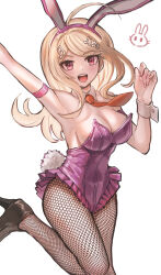 Rule 34 | 1girl, :d, ahoge, akamatsu kaede, animal ears, arm up, blonde hair, breasts, cleavage, commentary request, danganronpa (series), danganronpa v3: killing harmony, detached collar, fake animal ears, fake tail, fortissimo, hair ornament, hand up, happy, highres, large breasts, leotard, long hair, looking at viewer, musical note, musical note hair ornament, necktie, open mouth, orange necktie, pantyhose, pink leotard, playboy bunny, rabbit ears, rabbit tail, smile, solo, strapless, strapless leotard, tail, teeth, upper teeth only, visket53, wrist cuffs