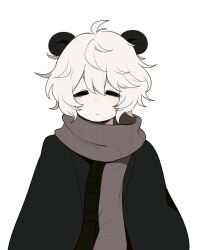 Rule 34 | 1boy, aliceyawnin, animal ears, bear boy, bear ears, black coat, closed eyes, closed mouth, coat, green shirt, grey scarf, hair between eyes, highres, male focus, messy hair, open clothes, open coat, original, pale skin, scarf, shirt, short hair, simple background, solo, upper body, white background, white hair