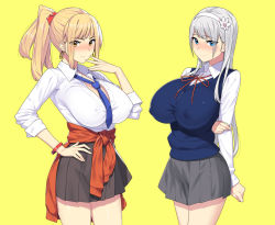 Rule 34 | 2girls, arms behind back, blonde hair, blue eyes, blush, bracelet, breasts, cleavage, clothes around waist, commentary request, covered erect nipples, earrings, grey hair, gyaru, hairband, jewelry, long hair, looking at viewer, multiple girls, munashi mujou, necktie, original, pleated skirt, ponytail, school uniform, simple background, skirt, smile, vest, yellow background, yellow eyes