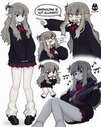 Rule 34 | 1girl, :3, absurdres, black eyes, blush, fangs, grey hair, guitar, hair ornament, highres, instrument, justadrian (yoadriandk), long hair, mavie (justadrian), music, musical note, open mouth, playing instrument, pleated skirt, pointing, pointy ears, skirt, smile, sweater, teeth, vampire