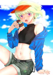 Rule 34 | androgynous, blonde hair, blush, doughnut, earrings, food, gender request, highres, jewelry, kisekisaki, lio fotia, male focus, midriff, navel, off shoulder, open mouth, promare, purple eyes, ring, shorts, sitting, sky, sleeveless, solo, visor cap