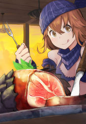 Rule 34 | 1girl, :q, arashishi, bandana, bare shoulders, blue bandana, blue bandanna, breasts, brown eyes, brown hair, closed mouth, commentary request, detached sleeves, food, fork, hair between eyes, holding, holding fork, indoors, knife, long sleeves, meat, medium breasts, original, sky, smile, solo, sunset, tongue, tongue out, v-shaped eyebrows, yellow sky