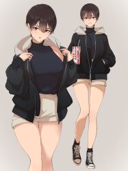 Rule 34 | 1girl, absurdres, black footwear, black jacket, black sweater, breasts, brown shorts, commentary, cup, full body, hands in pockets, highres, holding, holding cup, jacket, long sleeves, looking at viewer, medium breasts, mole, mole under eye, multiple views, open clothes, open jacket, original, parted lips, pen guin15, purple eyes, shoes, short hair, short shorts, shorts, simple background, sleeveless, sleeveless sweater, smile, sneakers, standing, sweater, sweater tucked in, turtleneck, turtleneck sweater, unzipped