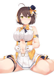 Rule 34 | 1girl, absurdres, ahoge, arm strap, azur lane, baltimore (azur lane), baltimore (muse) (azur lane), bare shoulders, belt, black hat, blush, boots, bow, braid, breasts, brown hair, buckle, center frills, center opening, clothing cutout, collared shirt, commentary request, crop top, french braid, frills, gloves, hair between eyes, half gloves, hat, headset, heart, heart-shaped buckle, highres, idol, knee boots, large breasts, looking at viewer, mini hat, navel, navel cutout, official alternate costume, orange bow, pleated skirt, rebutsu, shadow, shirt, short hair, sidelocks, simple background, sitting, skindentation, skirt, sleeveless, sleeveless shirt, solo, spread navel, thigh strap, underboob, underboob cutout, wariza, white background, white belt, white footwear, white gloves, white shirt, white skirt, yellow eyes