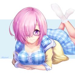 Rule 34 | 1girl, blush, bobby socks, breasts, dress, fate/grand order, fate (series), glasses, hair over one eye, jacket, kityomi, large breasts, looking at viewer, lying, mash kyrielight, mash kyrielight (senpai killer outfit), official alternate costume, on stomach, plaid, plaid dress, purple eyes, purple hair, short hair, smile, socks, solo, twitter username