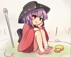 Rule 34 | 1girl, bare legs, barefoot, black bow, black sash, bow, bowl, bowl hat, feet, ferdy&#039;s lab, hat, head rest, highres, japanese clothes, kimono, long sleeves, looking at viewer, mallet, mini person, minigirl, needle, obi, open mouth, purple hair, red eyes, red kimono, sash, short hair, sitting, soles, solo, string, sukuna shinmyoumaru, thread, touhou, wide sleeves