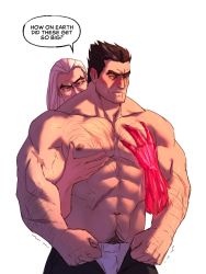 Rule 34 | 2boys, abs, arm hair, bara, behind another, blush, character request, chest hair, commentary, darius (league of legends), english commentary, english text, eyebrow cut, facial hair, feet out of frame, ghangaji, grabbing, groping, highres, large pectorals, league of legends, male focus, male pubic hair, male underwear, male underwear peek, mature male, multiple boys, muscular, muscular male, navel, navel hair, nipples, old, old man, open fly, pectoral grab, pectorals, pubic hair, pubic hair peek, scar, scar across eye, scar on arm, scar on face, short hair, sideburns, spiked hair, stomach, stubble, topless male, trembling, underwear, white male underwear, yaoi