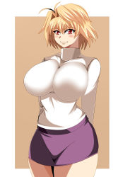 Rule 34 | 00s, 1girl, alternate costume, antenna hair, arcueid brunestud, arms behind back, blonde hair, breasts, hair intakes, highres, hikora, huge breasts, impossible clothes, impossible sweater, melty blood, miniskirt, no legwear, purple skirt, red eyes, short hair, skin tight, skirt, smile, solo, sweater, tsukihime, tsukihime (remake), turtleneck
