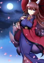 Rule 34 | 1girl, absurdres, amagi (azur lane), animal ear fluff, animal ears, azur lane, bodystocking, breasts, bridal gauntlets, brown hair, brown tail, cloud, cloudy sky, coat, collar, fox ears, fox girl, fox tail, full moon, highres, holding, holding umbrella, japanese clothes, kimono, kitsune, kyuubi, large breasts, long hair, looking at viewer, metal belt, metal collar, moon, multiple tails, oil-paper umbrella, open clothes, open coat, outdoors, petals, purple eyes, purple kimono, red coat, sakamoto (slopepepepe), sakuramon, sky, smile, solo, tail, umbrella, wide sleeves