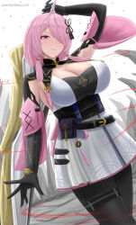 Rule 34 | 1girl, absurdres, archstreal, arm up, belt, black belt, black gloves, black pantyhose, blush, breasts, cleavage, closed mouth, elbow gloves, gloves, hair ornament, hair over one eye, highres, holding, large breasts, looking at viewer, medium hair, one eye covered, pantyhose, pink hair, purple eyes, smile, solo, taoqi (wuthering waves), white background, wuthering waves