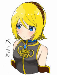 Rule 34 | 1girl, amulet, armband, bare shoulders, black shirt, blonde hair, blush, breasts, commentary, cosplay, cropped torso, gold trim, headphones, highres, kagamine rin, megurine luka, megurine luka (cosplay), nishikino kee, shirt, short hair, small breasts, solo, translated, upper body, vocaloid, white background