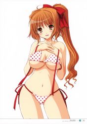 Rule 34 | 1girl, :d, absurdres, azuma yuki, bikini, blush, bow, breast suppress, breasts, brown hair, cleavage, hair bow, highres, large breasts, open mouth, orange eyes, polka dot, polka dot bikini, polka dot swimsuit, ponytail, side-tie bikini bottom, smile, solo, swimsuit, undressing, untied bikini