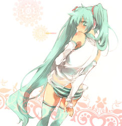 Rule 34 | back, butt crack, elbow gloves, gloves, green hair, hatsune miku, jonejung, long hair, looking back, panties, ribbon, striped clothes, striped panties, thighhighs, twintails, underwear, vocaloid