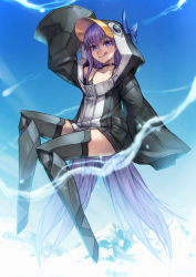 Rule 34 | 1girl, animal hood, armor, bare shoulders, bikini, black bikini, black jacket, blue bow, blue eyes, blue sky, bow, breasts, choker, closed mouth, collarbone, day, fate/grand order, fate (series), full body, greaves, hair between eyes, hand up, highres, hood, jacket, legs, licking lips, long hair, long sleeves, looking at viewer, meltryllis, meltryllis (fate), meltryllis (swimsuit lancer) (fate), meltryllis (swimsuit lancer) (first ascension) (fate), micro bikini, mountain, penguin hood, purple hair, sky, sleeves past fingers, sleeves past wrists, small breasts, smile, solo, swimsuit, thighs, tongue, tongue out, very long hair, yoake dawn01