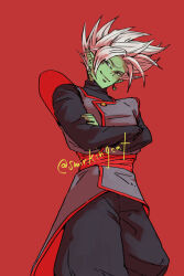 1boy black_bodysuit black_pants bodysuit colored_skin crossed_arms dragon_ball dragon_ball_super earrings fused_zamasu green_skin grey_eyes highres jewelry long_sleeves looking_to_the_side pants pointy_ears potara_earrings red_background red_sash sash smirk smirkingcat solo spiked_hair white_hair