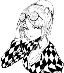 Rule 34 | 1girl, breasts, checkered clothes, checkered shirt, checkered skirt, cleavage, coke-bottle glasses, collarbone, eyes visible through hair, eyewear on head, glasses, greyscale, large breasts, monet (one piece), monochrome, one piece, shirt, skirt, smile, solo, spacezin