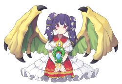 Rule 34 | 1girl, blunt bangs, closed mouth, commentary request, dragon wings, dragonstone, dress, fire emblem, fire emblem: the sacred stones, fire emblem heroes, flower, garasuno, hair flower, hair ornament, highres, holding, holding wreath, looking at viewer, myrrh (fire emblem), myrrh (valentine) (fire emblem), nintendo, official alternate costume, puffy short sleeves, puffy sleeves, purple hair, red eyes, short sleeves, smile, solo, twintails, white background, white dress, wings, wreath