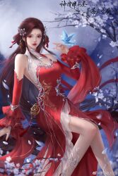 Rule 34 | 1girl, arm up, artist request, chest cutout, closed mouth, detached sleeves, dress, falling petals, flower, glowing bird, hair ornament, highres, huo linger (wanmei shijie), long hair, moon, night, petals, red dress, red eyes, red hair, second-party source, sitting, solo, upper body, wanmei shijie, white flower