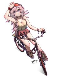 Rule 34 | 1girl, absurdres, alternate costume, arknights, bead bracelet, beads, bicycle, blush, bracelet, breasts, cleavage, commentary request, dated, gaoling gangqin, goggles, goggles on head, hair between eyes, highres, jewelry, long hair, looking at viewer, medium breasts, mulberry (arknights), red shorts, riding, riding bicycle, shorts, simple background, solo, tank top, very long hair, white background, white hair, yellow tank top