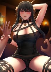 Rule 34 | 1boy, 1girl, arm up, armpits, black dress, black footwear, black hair, black panties, blurry, blurry background, blush, boots, breasts, cleavage, closed mouth, dagger, dress, earrings, fino ko, girl on top, gold hairband, hair ornament, hairband, highres, holding another&#039;s wrist, jewelry, knife, large breasts, long hair, looking at viewer, panties, patreon username, pov, red eyes, solo focus, spy x family, stiletto (weapon), thigh boots, thighhighs, underwear, weapon, yor briar